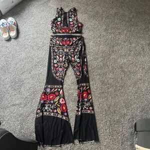 Yoga Democracy Black Embroidered Floral Bell-Bottom Jumpsuit